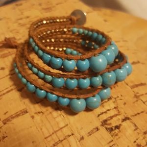 Wrist Wrap bracelet, turquoise beads, leather